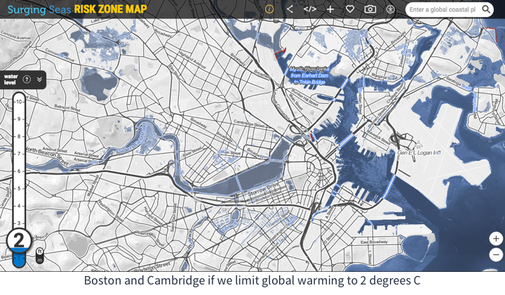 Boston Cambridge with 2 feet Sea Level Rise